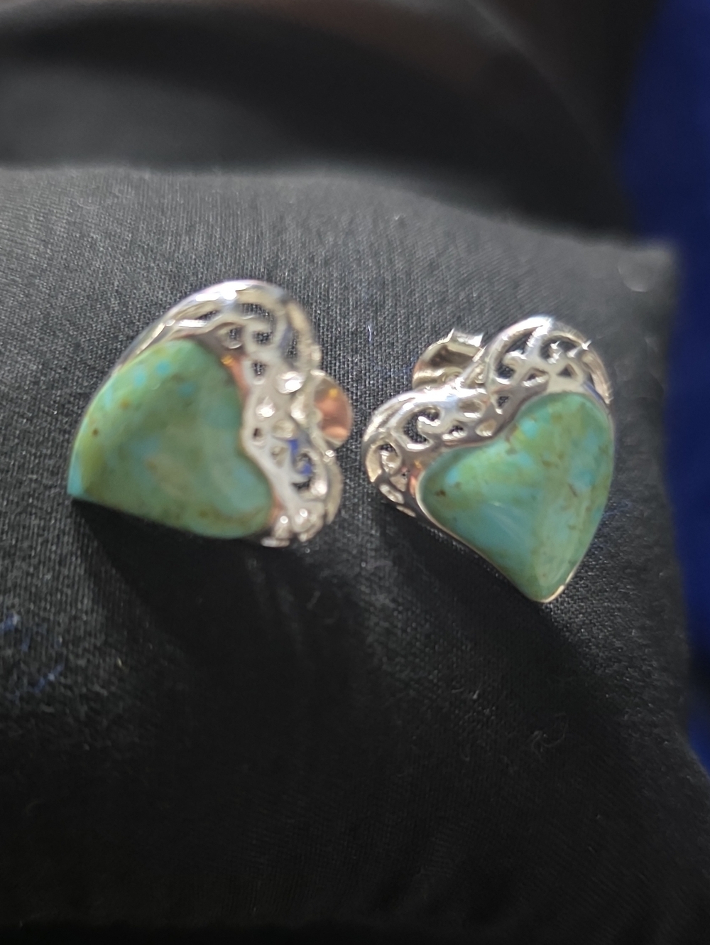 Vintage Turquoise Heart Filigree Stud Earrings - Blue Green